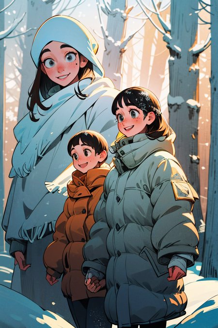friends on a walk through a snowy forest. winter sun, snowflakes. smiling happy faces.  kkw-skin-det-all_checkpoint_skin_detail_-_skin_detail_v1.0 , overalldetail-detail_++_-_overall_detail  . detailed faces, (realistic:1.2), (masterpiece:1.2)