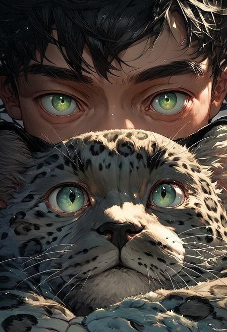 score_9, score_8_up, score_7_up, score_6_up, score_5_up, score_4_up,  boy and a baby leopard, (black star:1.2), boy has black hair and green eyes, small eyes, galaxy, black background