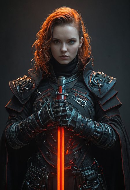 bdsm, collar cyberpunk Samurai jacket, (female, red pink slim skin:1.4), Large linen cape, (nice face, very angry:1.9), (bdsm harness, tight huge massive firm breasts:1.75), surrounded by a detailed spacescape with translucent dark-amber Highlights, (red neon, emissive), (yellow particules, hyper-detailed,:1.4) sharp, high resolution, high quality, 32K, Ultra realistic, HD, super detailed, line art, abstract style, (full body, shinny, wavy hair:1.5), (star wars inquisitor:1.65), (circle hard powerful red white orange fire neon light saber:1.8), (well formed five fingers hands on light saber:1.7), (cyan emissive iris eyes:1.6)
