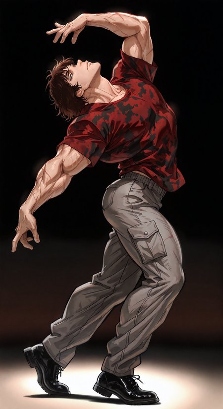 masterpiece, best quality,newest, amazing_quality,black_background, gradient background, <lora:spo_sdxl_10ep_4k-data_lora_webui:1><lora:NOOB_vp1_detailer_by_volnovik_v1:1>1boy, solo, Baki_Hanma, male focus, full body, red shirt, grey pants, camouflage shirt, brown hair, veins, manly,((very muscular, very toned, muscular male:1.2)),mole above mouth,scars, <lora:Char-Baki_Hanma-Illustrious-000010:.8>dancing, black black footwear,