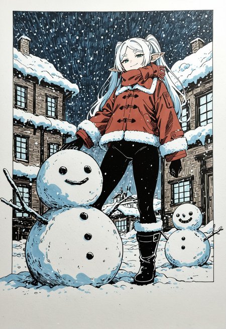 masterpiece, best quality, amazing quality, very aesthetic, absurdres, newest, elf woman, solo,flat-colors, flat-shading, frieren,  smirk, smug,  , detailed hair, 
building snowman, snow, winter, bodysuit, fur-lined boots, fur-lined jacket, scarf, traditional media, rough sketch, color sketch, linear hatching, 