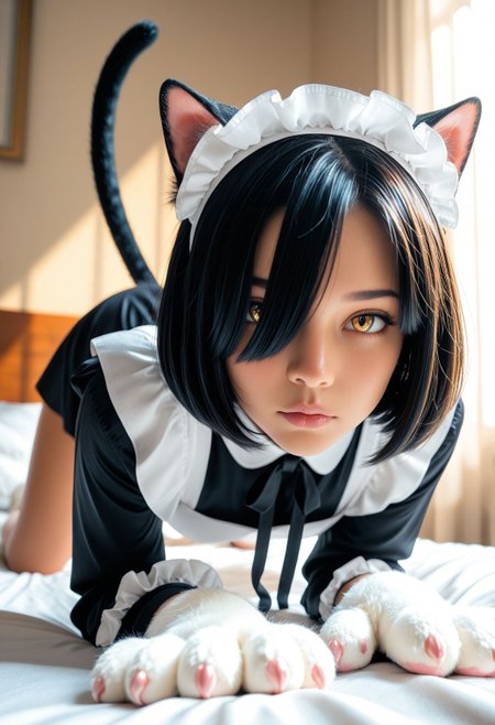 SmoothNoob_Quality, 1girl, mature, black short hair, bob cut, cat eyes, maid outfit, sleeveless, hair over one eye, cat paws, cat ears, long sleeves, golden eyes, expressionless, cute round face, all fours, crawling towards viewer, cat pose, cat tail, on bed, side lighting, depth of field, scenery, volumetric lighting, soft lighting, subsurface scathering, skin pores, detailed skin, soft shadow, skindentation,  <lora:Smooth_Booster_v3:0.8>