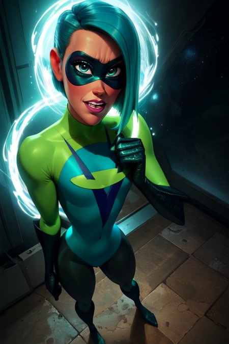 Voyd,blue hair, blue eyes ,short hair, lips, standing, nervous,  buck teeth,   cameltoe,   
VoySui, black domino mask multicolored ,bodysuit, boots, skin tight, green sleeves, 
magical blue portals, stars,  solo, 
(insanely detailed, beautiful detailed face, masterpiece, best quality) cinematic lighting, 
 <lora:Voyd-10V4:0.9>