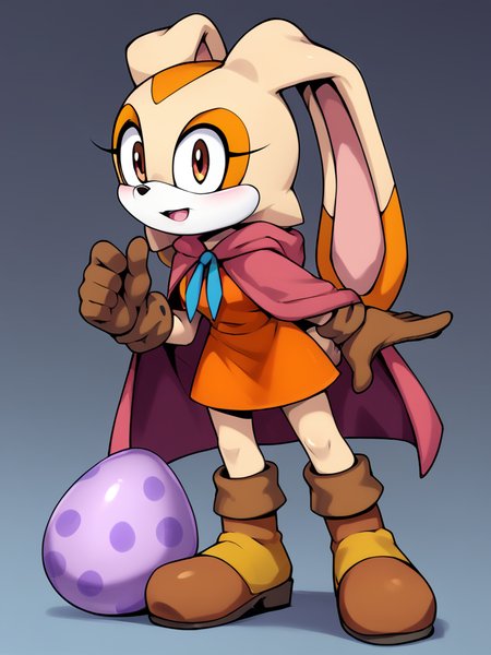 score_9, score_8_up, score_7_up, <lora:Cream_the_Rabbit_Pony:0.8> cre4mth3r4bb1t, Furry, furry female, animal ears, animal nose, rabbit ears, rabbit girl, tail, brown gloves, multicolored fur, orange dress, mauve cloak, brown boots, <lora:Bianca_the_bunny_PonyXL:0.5> short dress, hooded cloak, purple dragon egg,