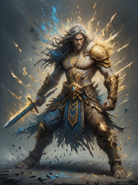 by Julie Mehretu, eclectic by Andre-Charles Boulle, intricate gold, canvas, detailed, barbarian, fantasy, <lora:Flashfire_Glowing_Runes:0.5>, Flashfire glowing runes, full body, blue, holds a 2sword, <lora:ral-dissolve:1>, ral-dissolve,