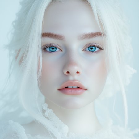  A closeup, surreal, ethereal portrait of a woman with a hauntingly beautiful, almost angelic presence. Her pale complexion is luminescent, blending seamlessly into the pure white background, creating an impression that she is emerging from light itself. Her very large piercing blue eyes are the focal point, their crystalline clarity and soft glow conveying a sense of otherworldly wisdom and calm.