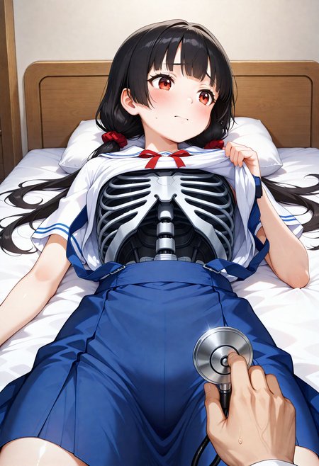 masterpiece, best quality, high quality, highres, absurdres, insanely detailed, amazing quality, very aesthetic, newest,  Anime screencap, zPDXL3, sfw
<lora:Hyper-SDXL-8steps-lora:1> <lora:StS-Illustrious-Detail-Slider-v1.0:3>
1girl, black hair, bangs, Straight bangs, blunt bangs, hime cut, long hair, straight hair, low twintails, long pigtails, hair tie,
dress, blue dress, white blouse, neck ribbon, bule ribbon, suspenders, suspender skirt,
<lora:medicalexamination_Illust_v0.1:0.8>
medical examination, stethoscope, clothes lift, shirt lift, lifted by self, solo focus, indoors, on bed, hospital bed, hospital, lying,
anxiety, tears, blush,
(cyborg ribs, white metal ribs:1.5),