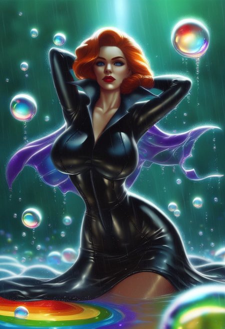 MILF, 28 years old, tight leather skirt, black leather vampire cape, sloppy red wavy hair, sexy red boots, revealing outfit, red lips, mascara, eyelashes, hourglass figure, strong, big blue eyes, playboy pose, hands behind the head, seductive, large saggy breasts, mature female, m1lfm3t3r, anezaki mamori, Masterpiece, Masterpiece, highest quality, texture:1.5, high ,tear shaped boobs, drow ranger, drow ranger \(dota2\), slimes_balalaika, Masterpiece, 32k, photorealistic:1.4, score_9, score_8_up, score_7_up, huge boobs, small waist, wide hips, high cheekbones, oval face, slim waist, wide hips, slender legs, full hips, thickwater, raining, bubbles, BlueeyeXL, liquid, bubbles, translucent, water, tranparent, reflection, prism, rainbow,  thick water.