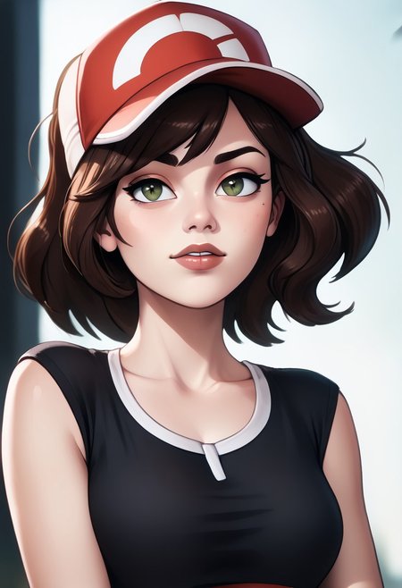 score_9, score_8_up, score_7_up, score_6_up, PRSNL_3_1, uncensored, pupils black dots, lips,
upper body, best quality, masterpiece, 4k, realistic, warm light,
Elaine, brown hair, brown eyes, ponytail, single sidelock, baseball cap, black shirt, red belt, blue shorts