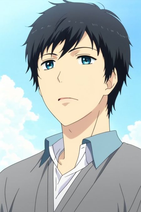 high resolution, solo, best quality, 1Boy, Arata Kaizaki, Portrait, Black Hair, Blue Eyes, free fall, sky , OverallDetail