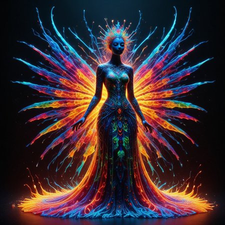 a full body fire entity with multicolored flames, professional photography of an fantastical warrior princess entirely made of cyberflies with whimsical elements, swirling magic, eerie fairytale landscape, elaborate fantasy style art, very colorful, intricate details, ultra sharp, exquisite detail, flawless composition, vivid colors, masterpiece, exciting background, TAS, TASvisuals, Psychedelic , Rave, Elaborate , Blacklight , Vibrant , cyberflies, black light paint, blp, Colorful Chaos Cracks and Drops, mad-glowtiedye, made out of,colorful,liquid,Murano Art Glass