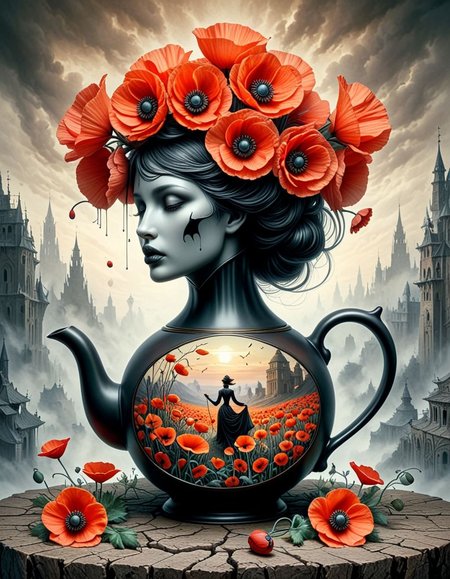helios,A mesmerizing watercolor illustration transporting you back to the 1890s, where a whimsical scene takes center stage. A dreamy, vintage poppies-teapot hybrid captures the essence of the era, blending the creative mastery of Hajime Sorayama, Damien Hirst, Quentin Blake, Alberto Vargas, and Zdzislaw Beksinski. The artwork exudes ultra-realistic, ultra-detailed character expressions and a soft, neutral color palette to convey a dark fantasy theme. Created with Zbrush, airbrush art, and UHD pictures, this glossy, glossy finish masterpiece is rendered in a side view, capturing the imagination and essence of the period. Available under the Creative Commons Attribution license, it is a must-have for enthusiasts of dark fantasy, painting, illustration, and, illustration, painting, dark fantasy
<lora:helios2:1>