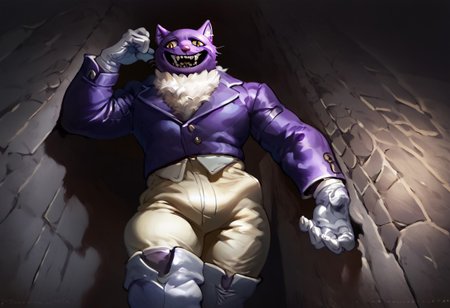 score_9,score_8_up,score_7_up, best quality, 1boy, solo, PocketCat, smile, sharph teeth, purple blazer, trousers, white boots, white gloves, thick things, male focus, in dungeon, leaning against the wall, low angle, open pants, unzipped pants,