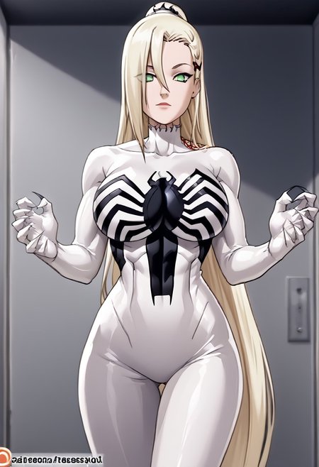 score_9, score_8_up, score_7_up, score_6_up, source_anime,rating_explecit,anime coloring, 1girl,details, <lora:Expressive_H:1>   <lora:She Venom LoCon:1> she venom, White detailed bodysuit, full white suit, white suit, big symbols spider , perfect symbols spider, big logo spider white on suit<lora:Symbiote:0.6>,large breast,very long hair,  stand up,sexy pose, possessive female, room, blonde hair, green eyes, long hair, hair between eyes,very long hair , silky hair,,she venom,female suit , big breast, largest breast, female anti-venom,solo