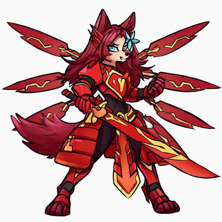 Cr01a,1girl,solo,furry,furry female,animal ears,long hair,red hair,hair ornament,blue eyes,snout,animal nose,body fur,tail, red power armor, mecha musume, official alternate costume, solo,  1girl, black bodysuit, red sword wings, red headgear, red armored gloves, red breastplate, red mechanical boots, red huge sword, holding red huge sword full body, sky