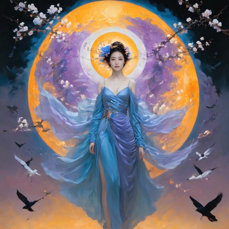 <lora:LangV2:0.85>, <lora:RuanV2:0.6>, <lora:KahoPonySRV1:0.9>, Kaho, pigeon, dress, rose, <lora:add-detail-xl:1.0>, 1girl, moon, solo, flower, full moon, dress, hair ornament, branch, black hair, jewelry