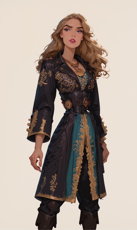 <lora:Disney_Style:.9> <lora:princess_xl_v2:.75> <lora:add-detail-xl:.9> <lora:g0th1cPXL:.3> <lora:Cherry-Gig:.45> <lora:Expressive_H:1> <lora:PLASTT_PonyV6:1> <lora:Elizabeth_Swann_ZairaSass_v1:1> score_9, score_8_up, score_7_up, zPDXL, DisneyRenstyle, score_9,score_8_up,score_7_up,score_6_up, 
(white background, plain background, ambient light), (standing, full body), 
1girl, solo, sexy 18 year old, british girl, (Elizabeth Swann, Pirate King), perfect face, beautiful face, defined cheekbones, defined jawline, light brown hair, thick hair, thick dark eyebrows, dark brown eyes, dark lashes, thin lips, nude colored lips,  
confident expression, narrow eyes, one hand on hip, perfect hands, 5 fingers, slender waist, tall, slender, sexy, correct proportions, accurate height proportions, 
black coat with decorative golden symbols, black leather underbust corset, black trousers, black boots, feet apart, legs apart,