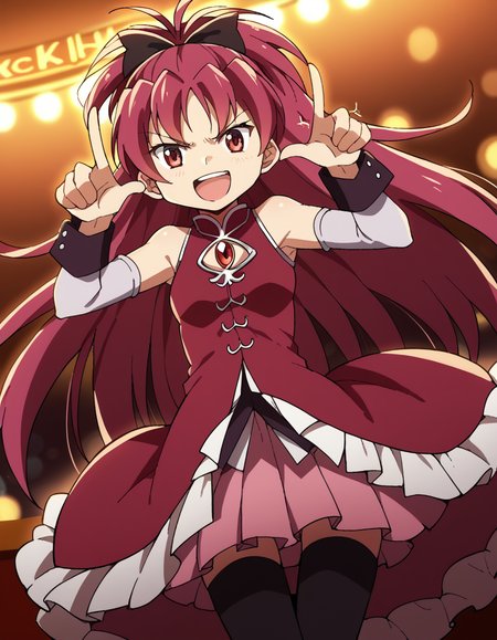 score_9, score_8_up, score_7_up, source_anime, <lora:kyouko-sakura-s1-ponyxl-lora-nochekaiser:1>, kyouko sakura, long hair, red eyes, ponytail, hair bow, red hair,, thighhighs, bare shoulders, detached sleeves, black thighhighs, magical girl,, casino, games, lights, chips, luck, smile, <lora:horns-pose-ponyxl-lora-nochekaiser:1>, horns pose, index fingers raised, angry, steam, open mouth, shouting, anger vein,, looking at viewer, solo,, dutch angle, cowboy shot