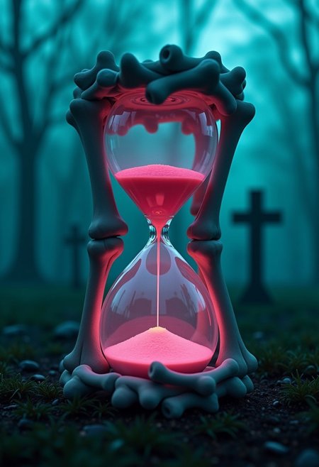 A hauntingly beautiful hourglass made entirely of delicate bones, standing alone in a dark graveyard at night. The eerie teal fog hovers around it, adding to the eerie pink atmosphere. This striking image is a digitally enhanced cinematic retrowave photograph, showcasing the intricate details of each bone and the ethereal glow of the fog. The bones are intricately carved, with a ghostly luminosity emanating from within. The composition is expertly crafted, drawing the viewer in to contemplate the passage of time in this eerie setting.