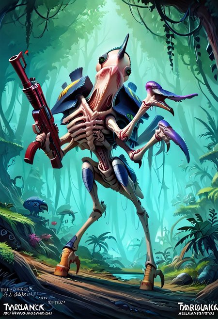 score_9, score_8_up, score_7_up, score_6_up, tyranids, chameleon eyes, biopunk Sniper Rifle, biopunk harpoon gun, (stilt walker:1.2), (stork legs:1.3), camouflage, exoskeleton, carapace, a tall (long-legged:1.3) alien creature aiming a bony harpoon rifle, sharp teeth, ribs, speargun, stilts, full body, hunched posture, eyeball, multiple arms, biopunkai, jungle, alien dinosaur, warhammer 40k, long legs, gangling, talons