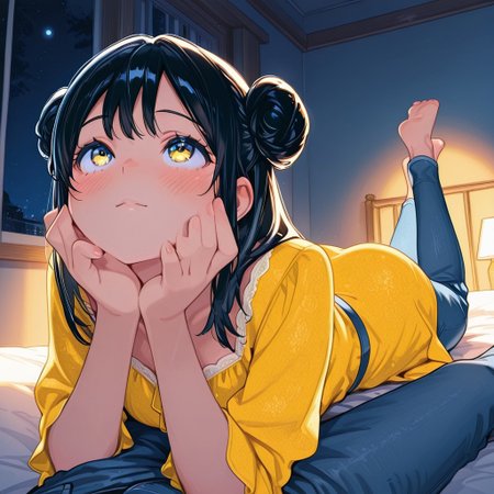 highres, ultra-detailed, illustration, colourful, masterpiece, 8k, soft lighting, (1girl, black hair, double buns, yellow dress, blue denim pants) , lying on bed , on stomach , looking up , blush , hands on chin , bedroom , night , cute face , soft lighting