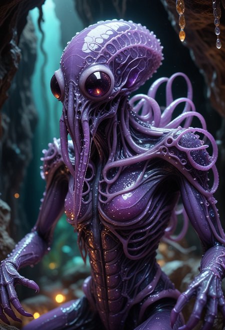(medium full shot) of (captivating hybrid creature) with translucent gradient purple skin, exoskeleton plates, tentacle fingers, compound eyes, tentacles, glowing veins, insectoid antennae, in set in  a magical cavern, with clusters of vibrant crystals in every shade, their facets catching the light and creating a shimmering, enchanting environment, at night, Masterpiece,best quality, photo, realistic, very aesthetic, detailed face,