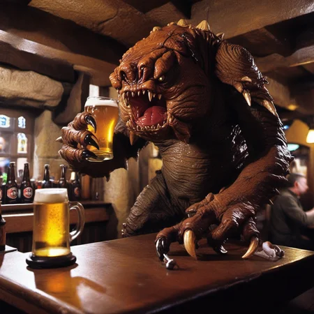 monster, claws, sharp teeth, having a beer in a pub  <lora:Rancor1024:0.8>