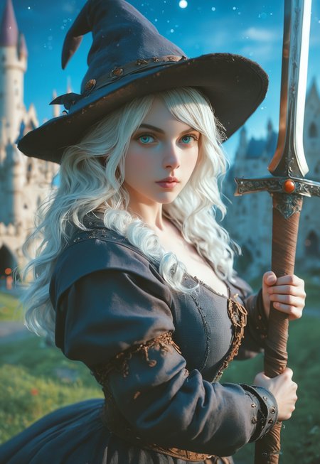 safe_pos, young woman, solo, Looking at viewer, Masterpiece a stunning female witch, ((full clothed witch outfit with armor, witch hat)), Blue eyes, long bob white hair with bangs, Dynamic action pose,
(Holding a huge sword:1.5)
Background: (Medieval castle, night sky: 1.9)
score_9, score_8_up, score_7_up, score_6_up, source_cartoon, rating_explicit, Expressiveh, (((((upper body))))), dynamic pose
 <lora:Dynamic Poses:1>
 <lora:detailed_notrigger:1>
(((full clothed)))