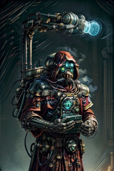 ((masterpiece,best quality)), absurdres, BREAK
mechanical arms, robes, hood, BREAK
((techpriest)), cyborg, mechanical face, mechanical limbs, gas mask, mechanical tentacles, (mechanical backpack), green cloak, BREAK
1other, solo, holding skull, BREAK
(CircuitBoardAI),
