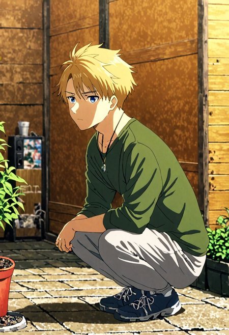 high resolution, solo, best quality, 1Boy, Yamato Ishida, Blond Hair, Necklace, lofi, candid, squat, depth of field, photo model, looking at viewer, OverallDetail