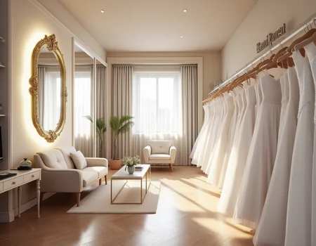 <lora:JJsBridalStore_Flux:1> ((bridal store)) , ((best quality)),((masterpiece)),((realistic)),indoors, mirror, reflection, chair, sofa, curtain, table, photorealistic, authentic, indoor scenery, highly detailed, ceiling light, cloth, glass, sky, center composition,