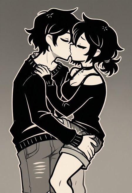 1boy, 1girl, outline, score_9,
stand and carry, stand and carry sex pose, 
boy lifting girl legs, couples,
kissing, couples kissing,
rating explicit, simple background,
BREAK
1girl, ashleygr, black hair, forehead, ponytail, choker, off-shoulder shirt, cleavage, medium breasts, shorts, thighs, bare legs,,
BREAK
1boy, Andrew Graves, black hair, short hair, hair between eyes, black sweater, jeans, pants
