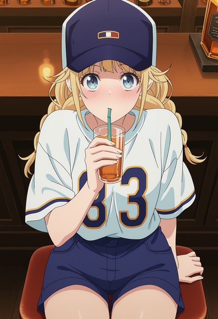 highres, best quality, masterpiece, 
anime screencap,
1girl, solo, blush, prpkeiko, blonde hair, twin braids, blue eyes,
<lora:_eiko_tsukimi-elesico-ilxlA:1>  indoors, pub, bar, baseball shirt, two-tone headwear, blue headwear, white shirt, number print, untucked, blue shorts, short shorts, looking at viewer, sitting, from above, drinking,