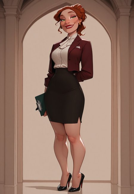 masterpiece, best quality, amazing quality, very aesthetic, DISNEY_ANIMATION, incoth, (incase:0.6), 

tall female, toned body, Irish, full body freckles, late 20s, auburn hair, high ponytail, emerald eyes, high cheekbones, soft facial features, full lips, confident expression, smile, elegant, commanding presence. female office worker, white blouse, burgundy blazer, pencil skirt, red lipstick, sharp eyeliner, gold accessories, pen, clipboard, confident woman, stylish heels, strict but elegant, serene expression, organized woman, professional.