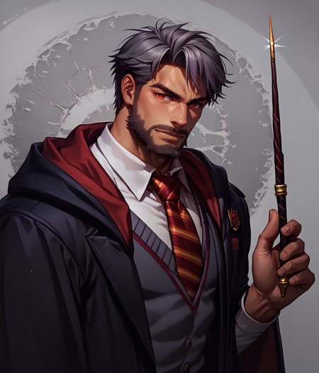 score_9, score_8_up, realistic, rating_questionable, bif, facial hair, beard, 
<lora:hogwarts-school-uniform-ponyxl-lora-nochekaiser:.7> hogwarts school uniform, black robe, holding wand, wand, necktie, striped necktie, collared shirt, sweater, pleated skirt, grey sweater,
<lora:face_Adray_Lasbard:1>, AdrayLasbard, mature male, grey hair, short hair, red eyes, facial hair, mustache, muscular, arm tattoos, 
glossy skin, 1 muscular male, handsome, short hair, detailed background, bara,, mature,
<lora:egg_leonard-04:.4><lora:style_Concept Art DarkSide Style LoRA_Pony XL v6:1><lora:slider_skin tone slider_last:-1>,<lora:slider_Body Type_alpha1.0_rank4_noxattn_last:1>