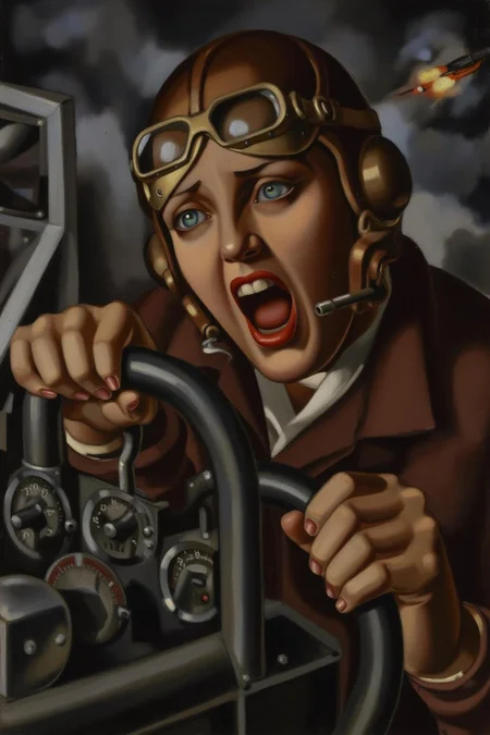 tamaradelempicka1 painting.
A female pilot screaming inside the cockpit of a World War II bomber. The pilot, wearing a vintage leather flight helmet with goggles and a bomber jacket, grips the controls with white-knuckled hands. Her face is contorted in a mix of fear and determination as she yells, her eyes wide with adrenaline. The cockpit is cramped and filled with old-fashioned dials and gauges, with the outside view showing dark stormy clouds and distant anti-aircraft fire <lora:tamaradelempicka1_cap_d8a4:1.0><lora:863944335916296104:0>