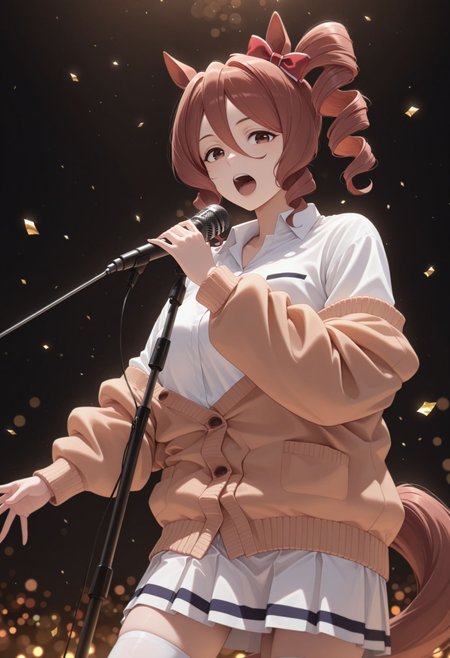 masterpiece, best quality, amazing quality, very awa,absurdres,newest,very aesthetic, looking at viewer, 
, depth of field,blurry background,bokeh, music, microphone stand, singing, open mouth, black background, confetti, live concert, holding microphone, , spot light, <lora:Norn Ace illu:1> 1girl, brown hair, drill hair, side ponytail, brown eyes, animal ears, horse girl,horse tail,  hair bow, red bow, off shoulder, white shirt, collared shirt, long sleeves, brown cardigan, white skirt, white thighhighs,