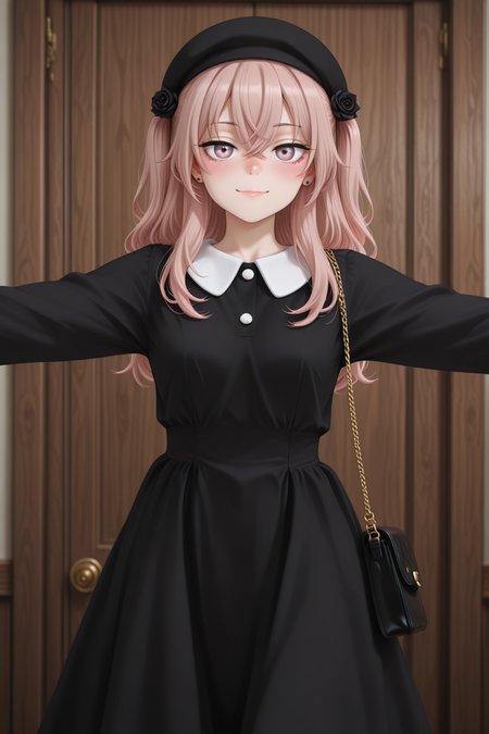 masterpiece, best quality, amazing quality, 1girl, solo, makeup, general, looking at viewer, blush, cowboy shot, smile, boutique, indoors, fancy, blush, lovely, spread arms, looking at viewer, <lora:sajuna-inui-s1-illustriousxl-lora-nochekaiser:1>, sajuna inui, inui sajuna, long hair, bangs, hair ornament, hair between eyes, pink hair, pink eyes, two side up, crossed bangs, black flower, black rose, mature female, small breasts, <lora:Showa_Retro_Black_Dress:1>, Showa_Retro_Black_Dress, dress, black dress, long sleeves, collared dress, white buttons, jewelry, earrings, shoes, hat, black headwear, bag, handbag, <lora:wai-2Rectified-V140:1>, <lora:Illustrious_-_Refiner:1>