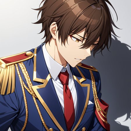 <lora:Kanie_New_XL:0.7>,<lora:DetailedEyes_V3:1.6>,looking down,shadow face,parted lips,
Seiya Kanie,(1boy),solo,Dark Brown hair,white shirt,white dress shirt under a dark blue jacket with golden accents,gold aiguillettes worn on the right shoulder,a red tie,gray pants,and a red armband,