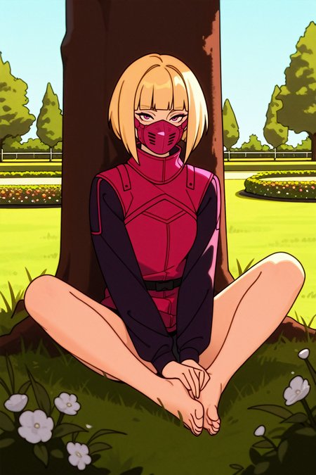 masterpiece, best quality, absurdres,
<lora:ILERKiwi:0.8>
ERKiwi, 1girl, blonde hair, short hair, blunt bangs, mask, looking at viewer, sitting, knees apart feet together , against tree, outside, garden, park, grass, flowers