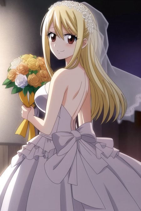 masterpiece, best quality, lucy4k-5000, looking back over shoulder, wedding dress, beautiful, holding a bouquet of flowers