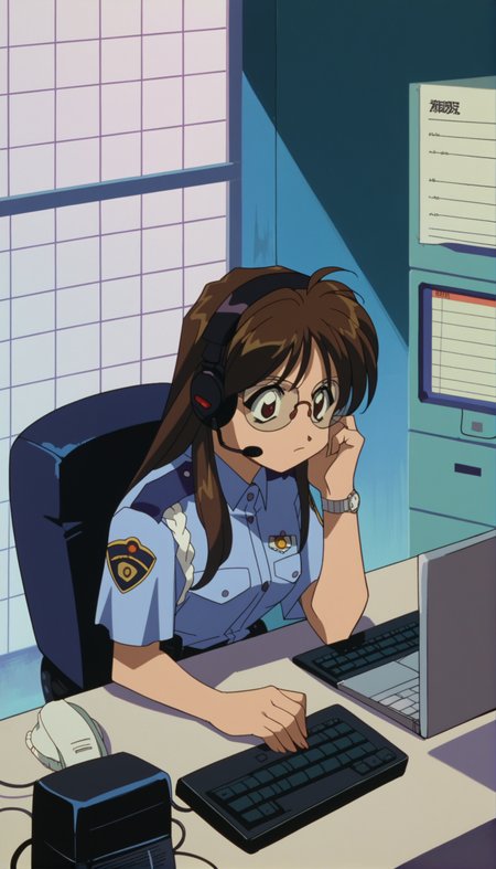 score_9,score_8_up,score_7_up,Nikaido Yoriko Pony,1girl,solo,uniform,brown hair,glasses,police,police uniform,headset,policewoman,long hair,computer,brown eyes,short hair,watch,retro artstyle,sitting,keyboard \(computer\),laptop,<lora:Nikaido Yoriko Pony:0.9>,