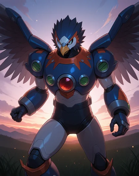 <lora:Reploid_(Mega_Man_X)_(Illustrious)_(AD):1.5> reploid, MMX, 
exterior, sky with clouds, grassy valley,
male focus, intense shadows, dynamic shadows, intricate details, attention to details, gradient coloring, bright vivid colors, robot, bent leg, glossy metal body, cowboy shot, hawk reploid, 
BREAK very awe, masterpiece, best quality, amazing quality, very aesthetic, highres, absurdres,  
EZRealPONYXL, zPDXL, Smooth Quality, lazynsfw,
