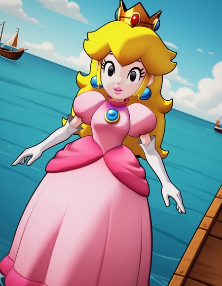 score_9, score_8_up, score_7_up, source_anime, <lora:princess-peach-brothership-ponyxl-lora-nochekaiser:1>, princess peach, blonde hair, black eyes, long hair,, crown, dress, gem, gloves, pink dress, puffy short sleeves, puffy sleeves, short sleeves, white gloves,, harbor, boats, water, dock, trade, , v, v over eyes,, looking at viewer, solo,, dutch angle, cowboy shot