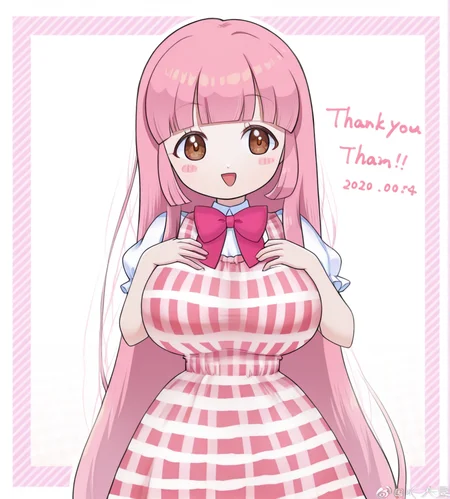 1girl, nikki (nikki), wild hips, huge breasts, bare arms, blunt bangs, blush stickers, bow, bowtie, brown eyes, collared shirt, cropped legs, dress, hands on own chest, kaomoji, long hair, open mouth, pink bow, pink bowtie, pink dress, pink hair, plaid clothes, plaid dress, puffy short sleeves, puffy sleeves, shirt, short sleeves, sleeveless, sleeveless dress, smile, solo, straight-on, straight hair, thank you, traditional bowtie, very long hair, weibo watermark, white shirt, 
intricate details,detailed background,  <lora:anatomy_helper:1> <lora:noobaiXLNAIXL_epsilonPred11Version-lora:0.1> <lora:azk:1.3>