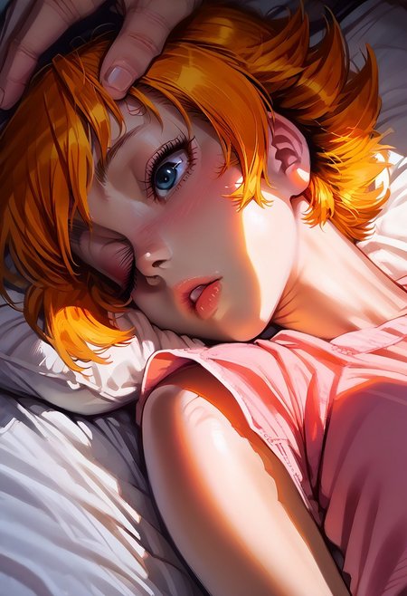 1girl, solo,  score_9, score_8_up, score_7_up, score_6_up, source_anime, laying on bed, pillow, on side, breasts exposed, pink pajamas, eyecheck, one closed eye, close up,  puffy nipples, hand on head, open eyes, sleeping, IgawaSakura, 1girl ,orange hair, short hair, flipped hair, blue eyes,