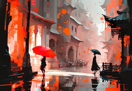 Art  by THE scandinavian Style Palette(impressionism:1.7)-----in  THE Style of Josef kote----
Cinematic composition perspective, Fractured, impressionistic 
double exposure
minimalist drawing in ink and watercolor, girl with an open umbrella, Victorian Gothic aesthetic, sensual, futuristic sci-fi chinese city, marked silhouette, bold strokes, hard shadows, black and white with a touch of crimson and gold, black background, gradients