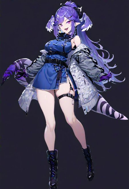 masterpiece, best quality, ultra-detailed, beautiful, nai3, 1girl, solo, full_body, tachi-e, 
selen tatsuki, boots, dress, tail, dragon tail, hat, blue dress, official alternate costume, dragon girl, sleeveless, ponytail, belt, smile, gloves, long hair, breasts, open mouth, very long hair, thigh strap, simple background, hair ornament, jacket, bangs, hairclip, fang, wings, black footwear, looking at viewer, black belt, pointy ears,