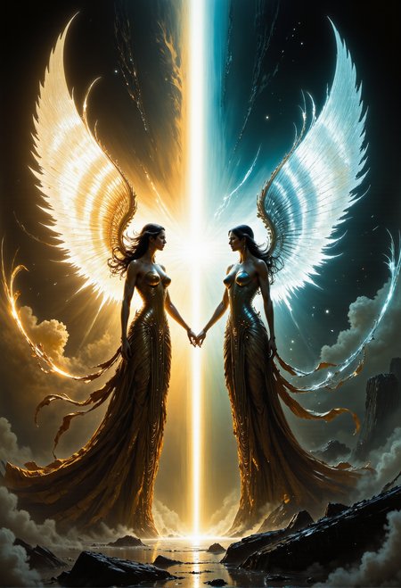 cinematic photo . art by Ben Templesmith and Krenz Cushart, Two angels stand facing each other in a dramatic standoff, their hands both gripping the same glowing, radiant sword. The blade burns with a brilliant light, casting intense reflections on their ethereal wings. One angel, bathed in a soft, golden glow, represents serenity and purity, while the other, surrounded by a cool, silver aura, exudes a sense of resolve and inner strength. The air between them crackles with divine energy, as if the sword itself holds the balance of their conflict. The background fades into a heavenly haze, emphasizing the intensity of their connection through the sword. <lora:ancient.safetensors:1.0>,  <lora:artisketchyfs-v02.safetensors:0.75>,  <lora:artilands.safetensors:0.75>,  <lora:m100-style_v.02.safetensors:0.5>,  . 35mm photograph, film, bokeh, professional, 4k, highly detailed
