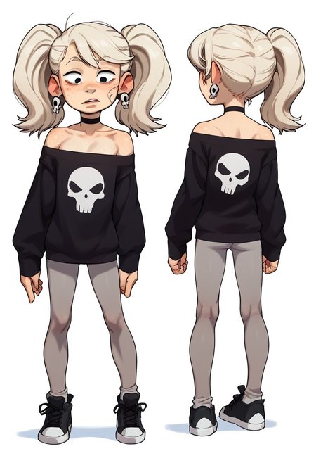 score_9, score_8_up, score_7_up, score_6_up, score_5_up, score_4_up, conceptart,multiple views,white background,simple background,<lora:concept:1>,
1girl, solo,platinum blonde hair, twintails, red freckles, black eyes,skull earrings, black choker, black ghost print sweatshirt, off shoulder sweatshirt, gray pantyhose, black sneakers,
<lora:princess_xl_v1:0.7>, <lora:Expressive_H:0.6>, <lora:incase-ilff-v3-4:0.5>, <lora:MysticalPlantPenetratorPDXL:0.5>, <lora:Twintails_Marra_v1:>